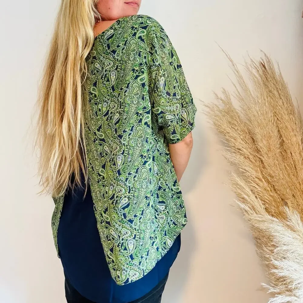 MICHAEL KORS Green White Navy Blue Paisley Print Tunic $120 Blouse Top Shirt 2X